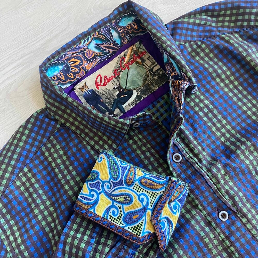 Robert Graham Blue Green Checkered Men Dress Shirt Paisley Print Cuffs Size XL